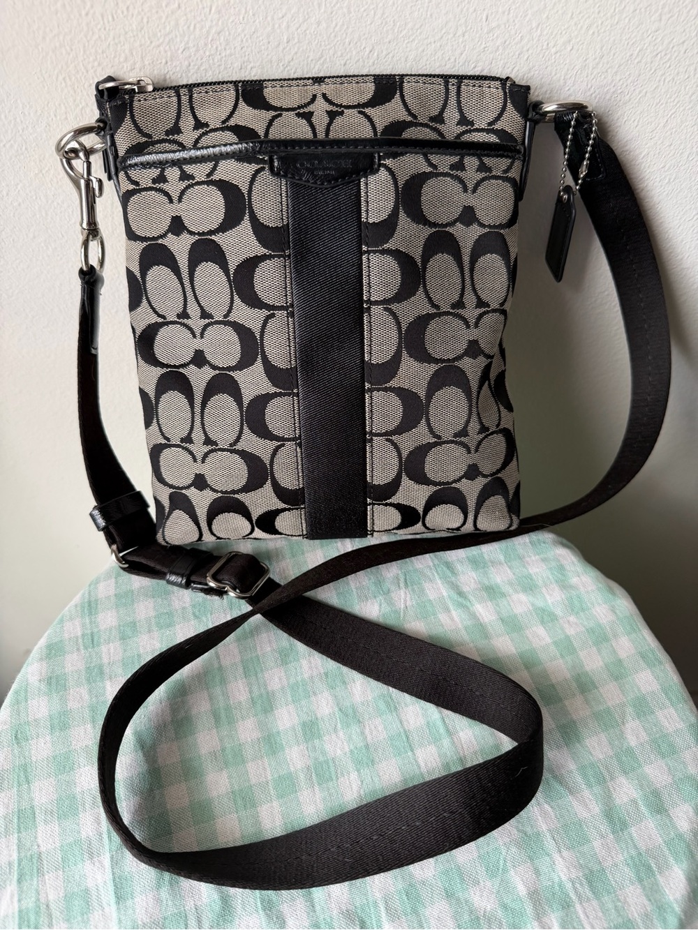 Coach Signature Stripe Black and Gray Monogram Crossbody Bag
